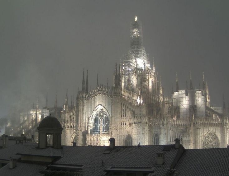 a large cathedral lit up at night in the fog