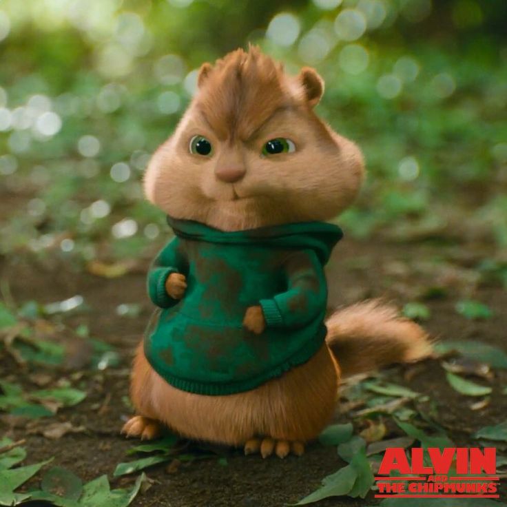 a stuffed animal squirrel wearing a green shirt and scarf sitting on the ground with leaves around it