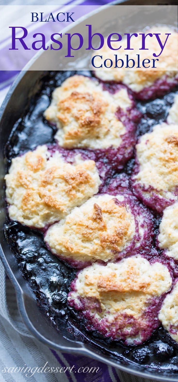 black raspberry cobbler in a cast iron skillet with text overlay