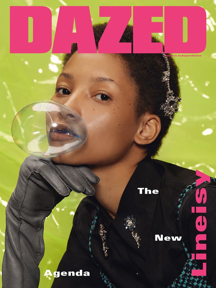 the cover of dazed magazine features an image of a young woman wearing gloves and holding a bubble in her mouth