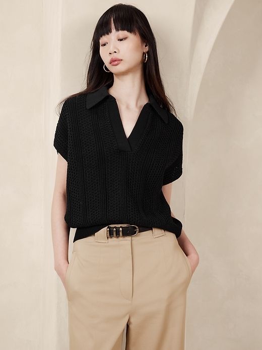 Janette Sweater Polo | Banana Republic Polo Shirt Outfit Women's Street Style, Black Polo Shirt Outfit Woman, Polo Shirt Outfit Women's, Polo Shirt Outfits, Sweater Polo, Polo Women, Organic Cotton Yarn, Black Polo Shirt, Smart Casual Outfit