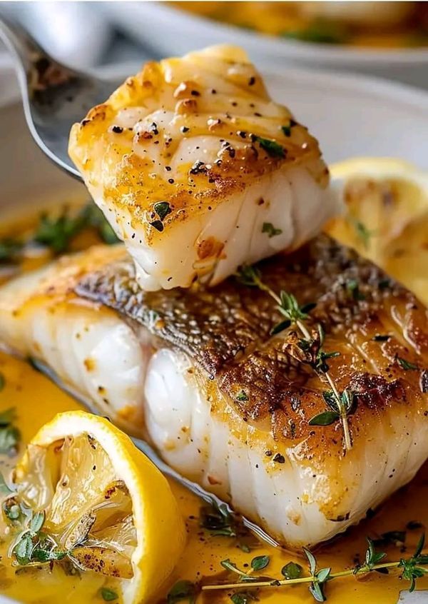 two pieces of fish on a plate with lemons