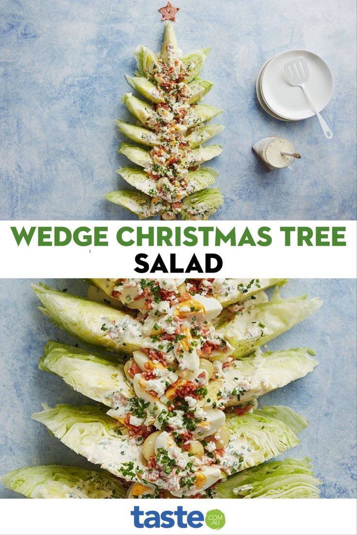 lettuce christmas tree salad with dressing on top and in the middle, ready to be eaten