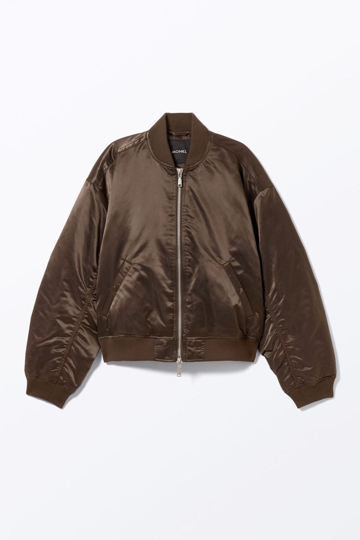 A go-to bomber jacket crafted from a satin-like recycled nylon fabric. It features a soft, ribbed stand collar, a sturdy two-way front zip closure, slanted press-button side pockets, gathered seams, ribbed hems, and is fully lined with recycled polyester taffeta. Loose fit.Regular length.Two-way zip.Gathered seams.Fully lined. Dark Khaki, Tshirt Skirt, Linen Shop, Nylon Fabric, Shirt Skirt, Khaki Green, Stand Collar, Nightwear, Shirt Jacket