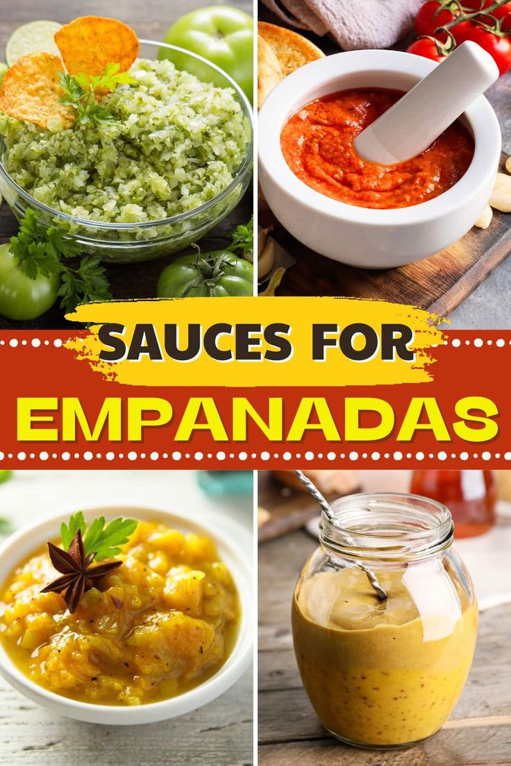 four different images with the words sauces for empanadas written in spanish