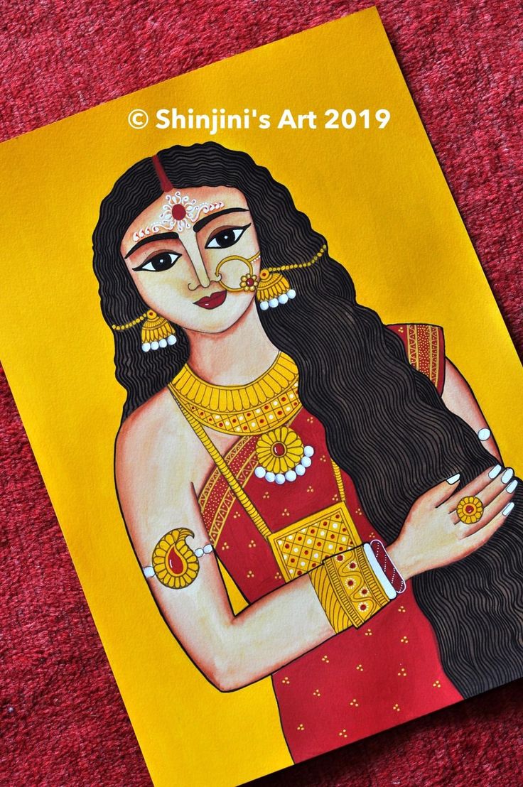 a painting of a woman with long black hair and gold jewelry on it's face