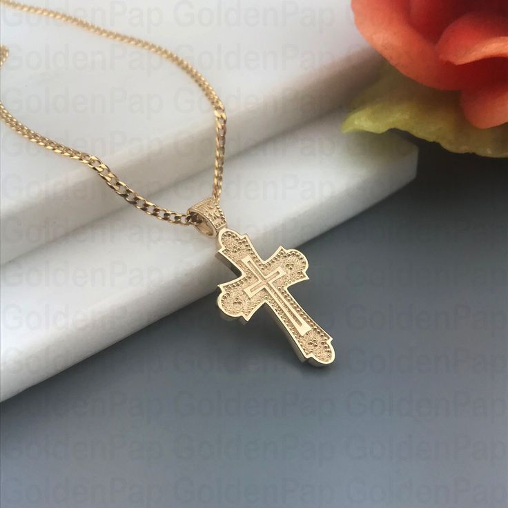 Please check the dimensions to be sure about the size! 3.3 x 1.8 cm (with the bail) 2.6 x 1.8 cm (without the bail) The inner dimensions of the bail: about 3 x 4.5 mm If you have thicker chain for this cross, write us a note and we will make larger bail for you! Chain options: - Chain No1: about 1mm (thickness) - Chain No2: about 2mm (thickness) - Chain length: 40cm /15,7 inches 45cm /17,7 inches 50cm /19,6 inches 55cm /21,6 inches 60cm /23.6 inches ✔Material of cross: Solid gold 14k ✔Material o Classic Gold Crucifix Cross Necklace, 14k Rose Gold Cross Necklace, Compass Pendant, Personalized Pendant, Mens Pendant, Gold Cross, Star Pendant, Metal Stamping, Chain Lengths