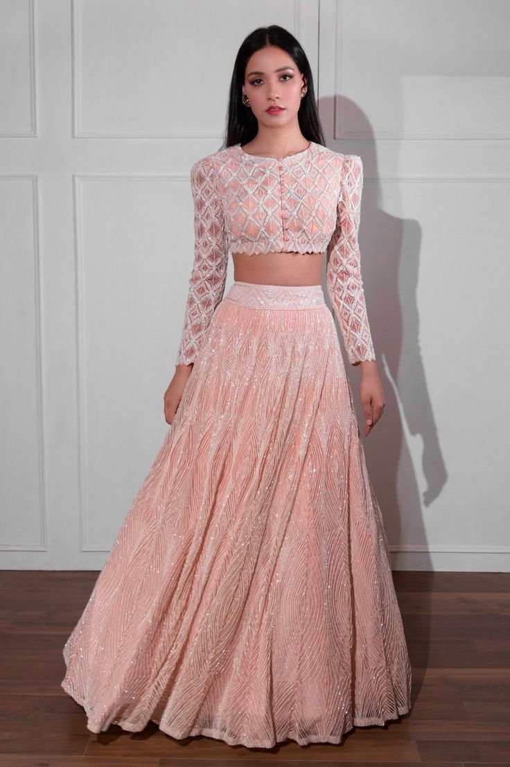 Ritika Mirchandani-Ivory Pink Embroidered Lehenga Set-INDIASPOPUP.COM Ritika Mirchandani, Full Sleeves Blouse Designs, Lehenga And Blouse, Sari Lehenga, Net Embroidery, Indian Outfits Lehenga, Lehenga Designs Simple, Lehenga Blouse Designs, Gaun Fashion