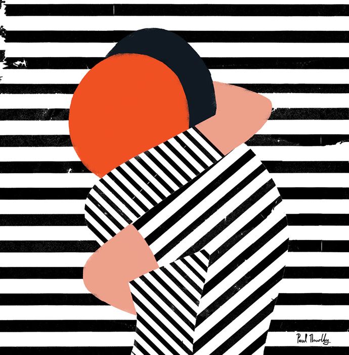 an abstract painting with black, white and orange stripes on it's face is shown