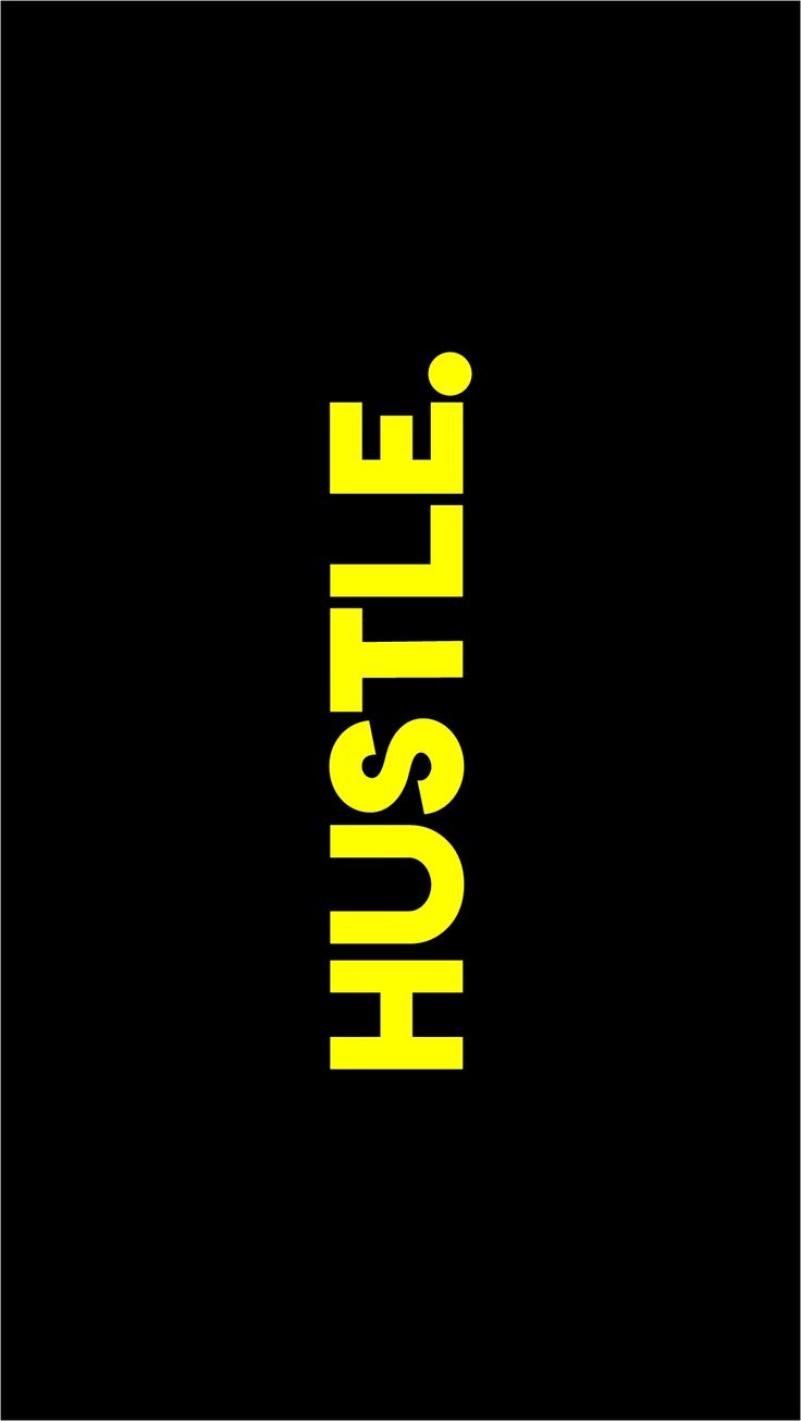 the words hustle are in yellow on a black background, and there is no image to describe