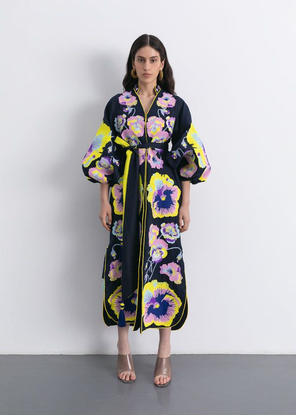 Luxurious Violet/Neon Yellow Lilies Women's Maxi Caftan Yuliya Magdych Spring Folk Style Kaftan With Geometric Embroidery, Spring Folk Style Embroidered Kaftan, Embroidered Folk Style Kaftan For Spring, Traditional Spring Dress With Kimono Sleeves, Traditional Dresses With Kimono Sleeves For Spring, Spring Multicolor Cotton Kaftan, Multicolor Cotton Kaftan For Spring, Traditional Multicolor Embroidered Summer Kimono, Spring Cotton Kaftan With Geometric Embroidery