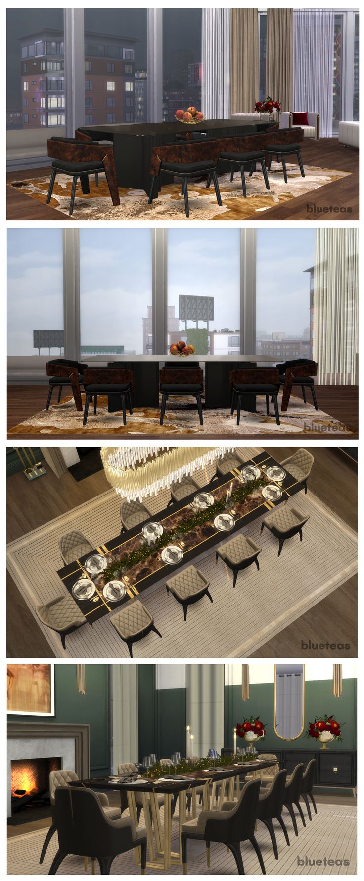 three different views of a dining room with tables and chairs, in front of large windows