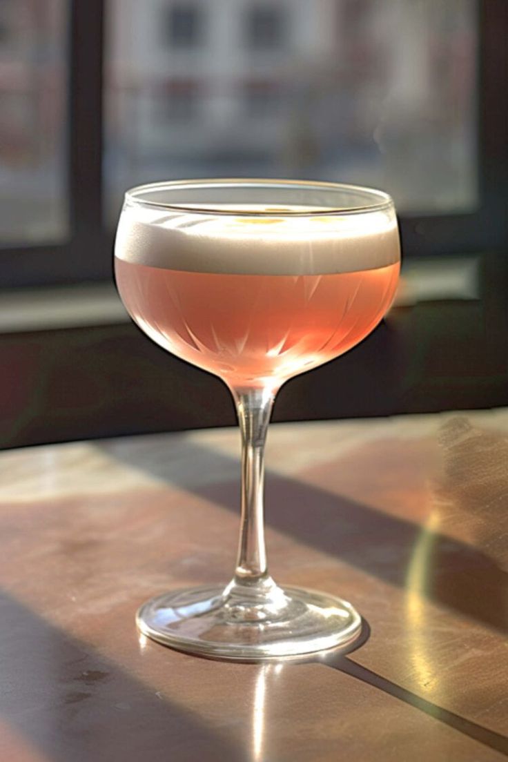 a glass filled with liquid sitting on top of a wooden table next to a window