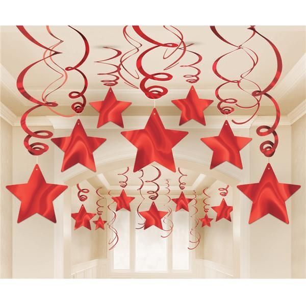 red stars and swirls hanging from the ceiling