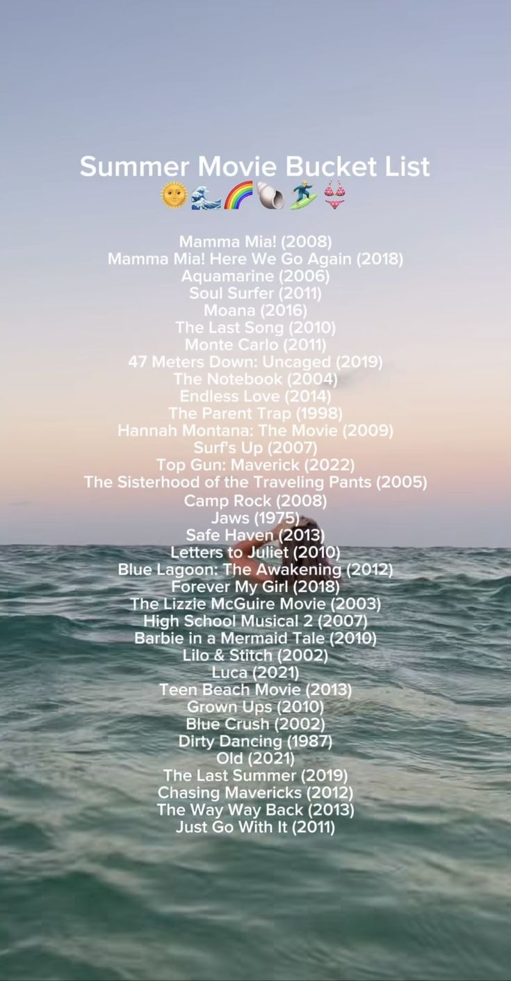 the summer music bucket list is shown in front of an ocean background with text overlay