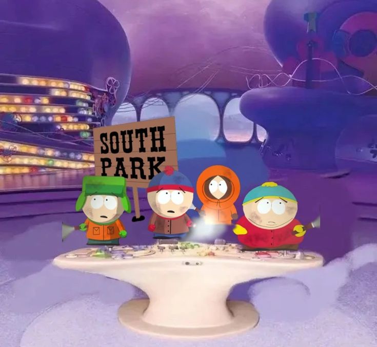 the south park characters stand in front of a table with a sign that says south park