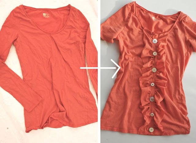 an orange shirt with ruffles on the front and bottom, before and after sewing