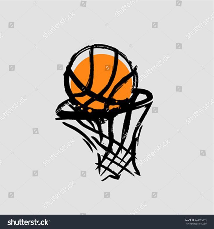 a basketball going through the hoop with an orange ball in it's net, on a gray background