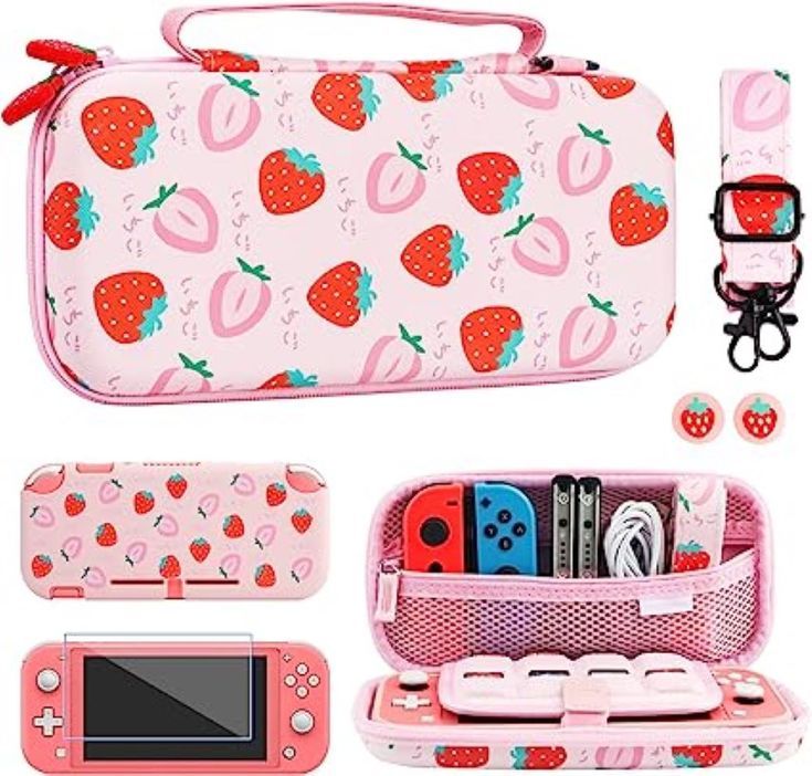 the nintendo wii game console case is pink with strawberrys on it and two controllers