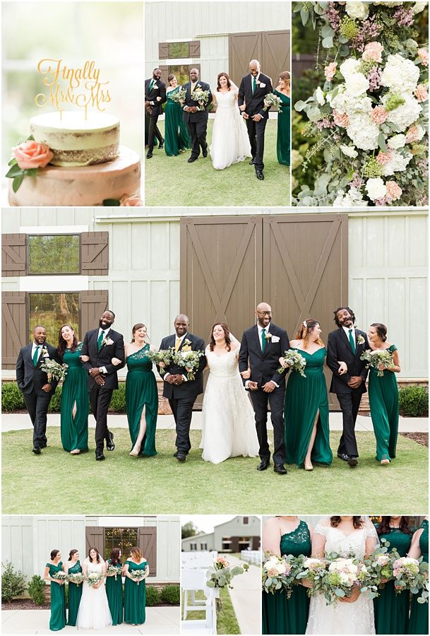 a collage of photos showing the bride and groom with their bridal party in front of