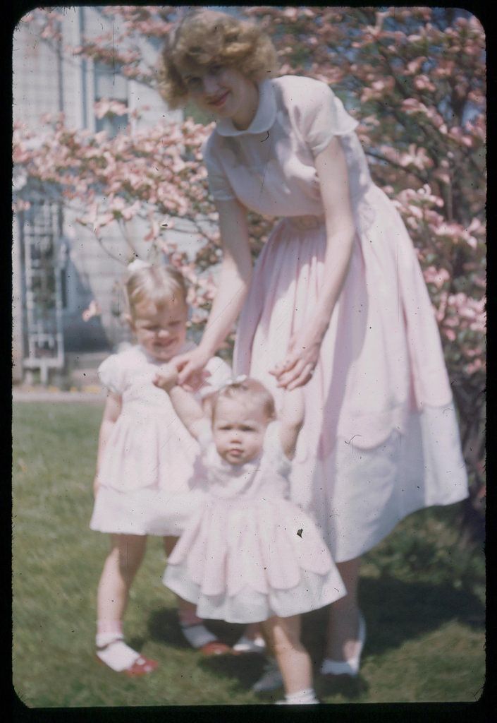 My Mother with my sister and I after church at my Grandparents house. May, 1953 Vintage Style Home Decor, Grandparents House, Vintage Style Home, Vintage Ideas, Home Decor Vintage, Vintage Life, Vintage Portraits, Vintage Easter, 1950s Fashion