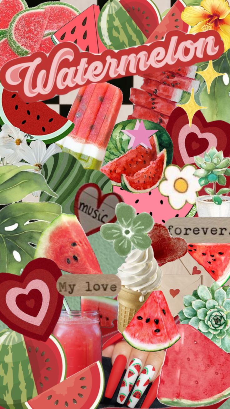 a collage of watermelon slices, ice cream, and other food items