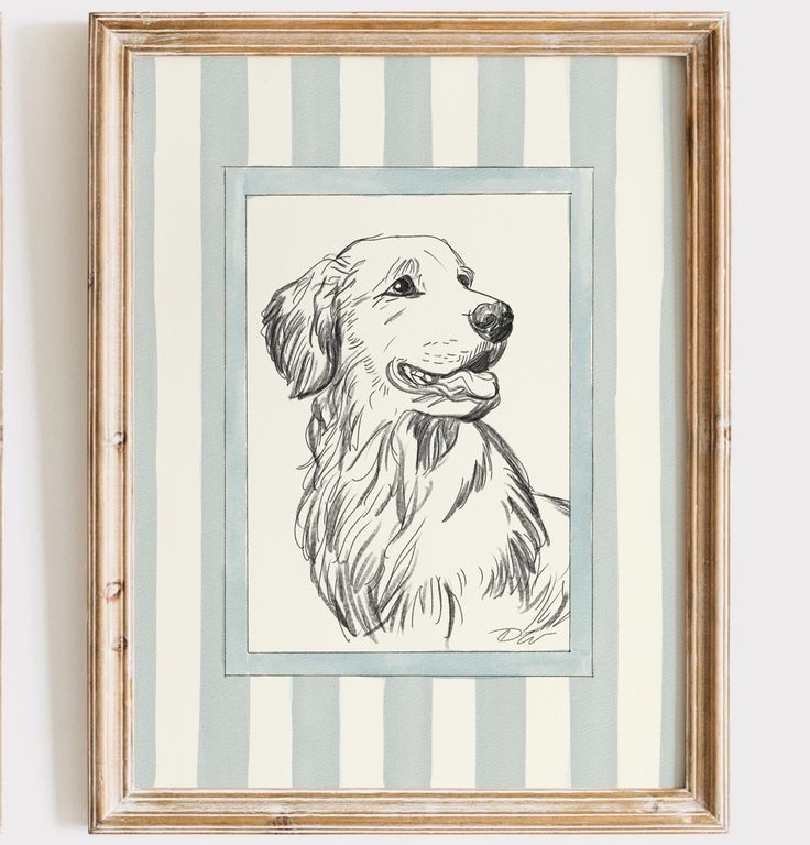 a drawing of a dog is hanging on the wall next to a striped frame with a border around it