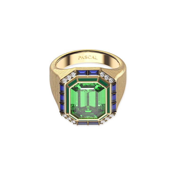 This opulent cocktail ring collection is a true statement of luxury and timeless elegance. Each piece showcases the exquisite craftsmanship of fine enamel work, featuring large, vibrant-colored gemstones paired with lab-grown diamonds. The classic trio of rich red, green, and blue hues come together in perfect harmony, evoking a sense of vintage sophistication. The textured gold band adds a layer of depth, enhancing the overall grandeur and ensuring these rings stand out as masterpieces of retro Luxury Diamond Ring With Emerald Accent Stones, Luxury Enamel Gemstone Ring For Gift, Luxury Sapphire Ring With Emerald Cut And Gemstone Accents, Luxury Emerald-cut Sapphire Ring With Gemstone Accents, Luxury Emerald Cut Sapphire Ring With Gemstone Accents, Elegant Emerald-cut Sapphire Ring With Gemstone Accents, Luxury Green Octagon Rings, Luxury Emerald Ring With Gemstone Accents For Wedding, Luxury Emerald Ring With Gemstone Accents