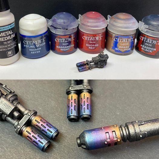 several different types of metallic paint and some type of mechanical arm parts on a table