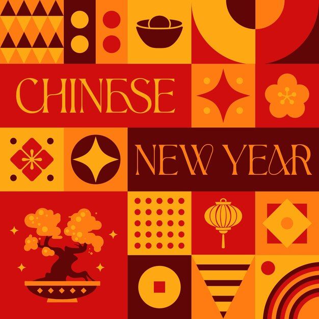 an orange and red poster with chinese new year's symbols on it, all in different colors