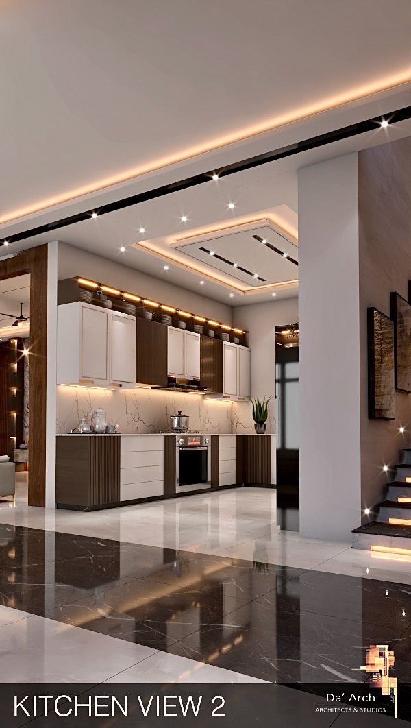 an open kitchen and living room with stairs leading up to the second floor, in a modern style