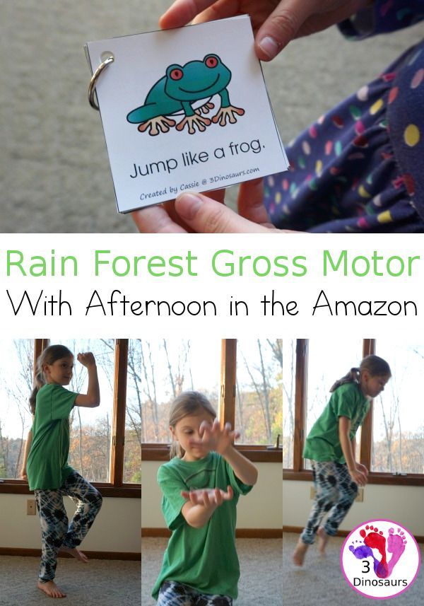 a person holding up a card with the words rain forest gross motor and an image of a