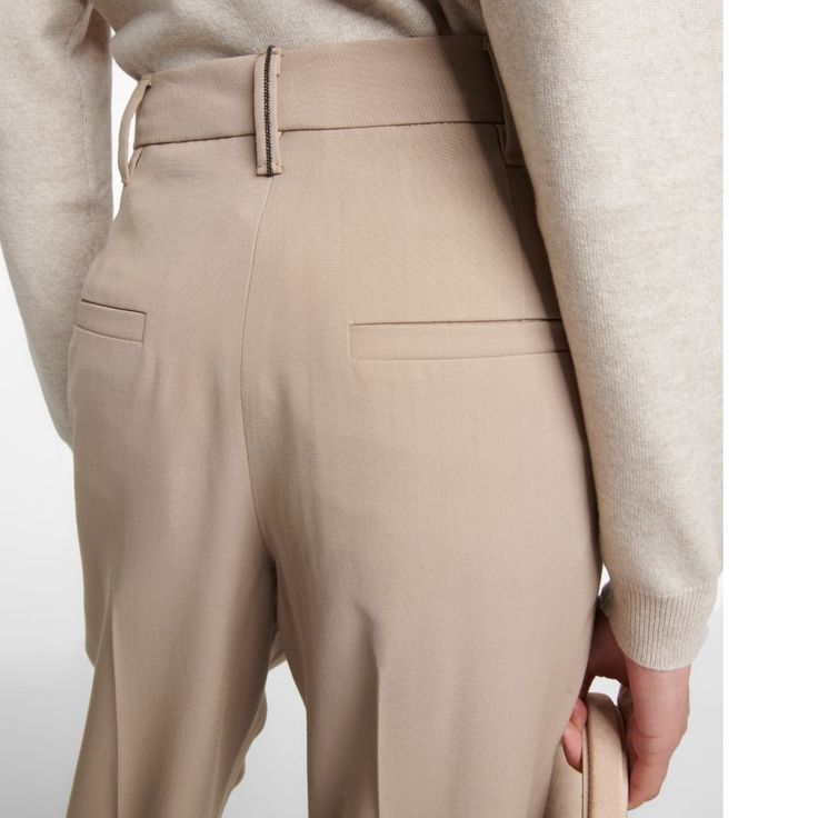 Brunello Cucinelli Beige Monili Trim Belt Loop Pant Size 50 Italian - Size 14 Usa Retail: $1,450 Current Style Very Good Condition - But Does Have 2 Minor Marks, One Is A Black Tiny Line And The Other Is A Shadow/Stain Very Light. Both Are Located On The Upper Thigh Area Of The Right Leg. See The Last 2 Photo's. I'm Pricing Low So That You Can Have Them Professional Cleaned. Tailored Trousers In Luxurious Virgin Wool, Cotton Blend. Light Weight Twill Relaxed Leg Crop Length Silver Monili Side Po Elegant Neutral Pants With Belt Loops, Elegant Neutral Bottoms With Belt Loops, Neutral Pants With Belt Loops, Formal Neutral Bottoms, Beige Pants, Current Styles, Tailored Trousers, Brunello Cucinelli, Pant Jumpsuit