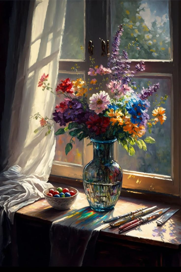 a painting of flowers in a vase on a table next to a window sill