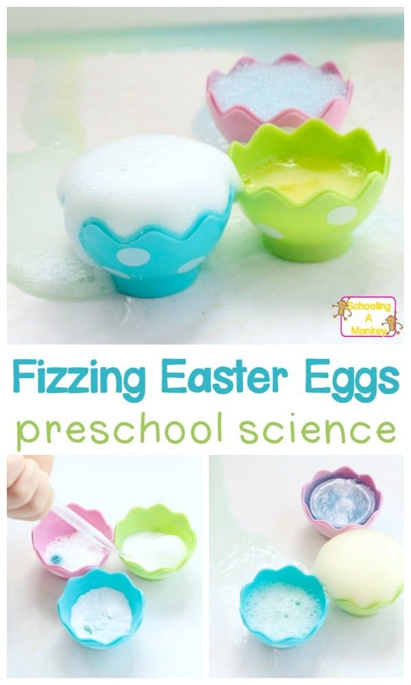 four different colored plastic egg cups with spoons in them and the words fizzing easter eggs preschool science