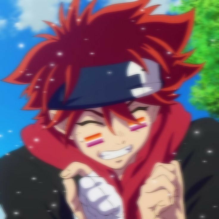 an anime character with red hair and rainbow painted on his face pointing at the camera