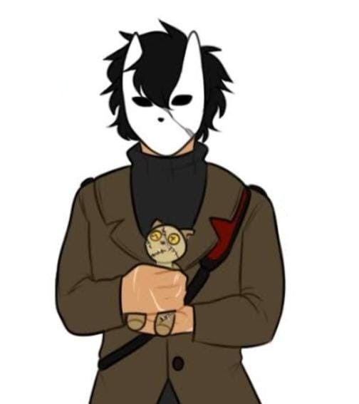 a drawing of a person holding a cat wearing a mask on their face and an umbrella in his hand