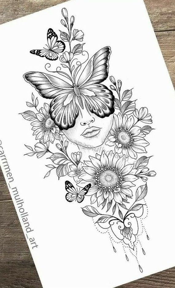 a woman's face with butterflies and sunflowers on her head, surrounded by flowers