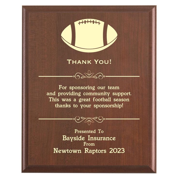 Plaque photo: Football Sponsor Thank You Gift design with free personalization. Wood style finish with customized text. Sponsorship Thank You Ideas, Thank You Sponsors, Football Team Gifts, Interesting Facts About Yourself, Award Plaque, Wet Felting Projects, Football Icon, Medical Design, Meaningful Messages