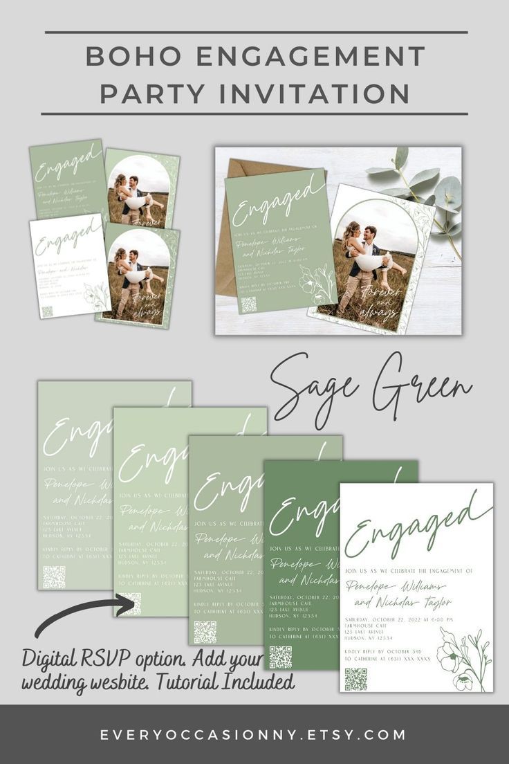 four shades of dusty green invitations, optional qr code, shows mix and match color options and photo for the back of the invite with wildflowers and arched design Sage Green Engagement Party, Green Engagement Party, Boho Engagement Party, Winter Engagement Party, Rsvp Qr Code, Sage Green Wedding Colors, Bohemian Wedding Theme, Engagement Invitation Template, Boho Engagement