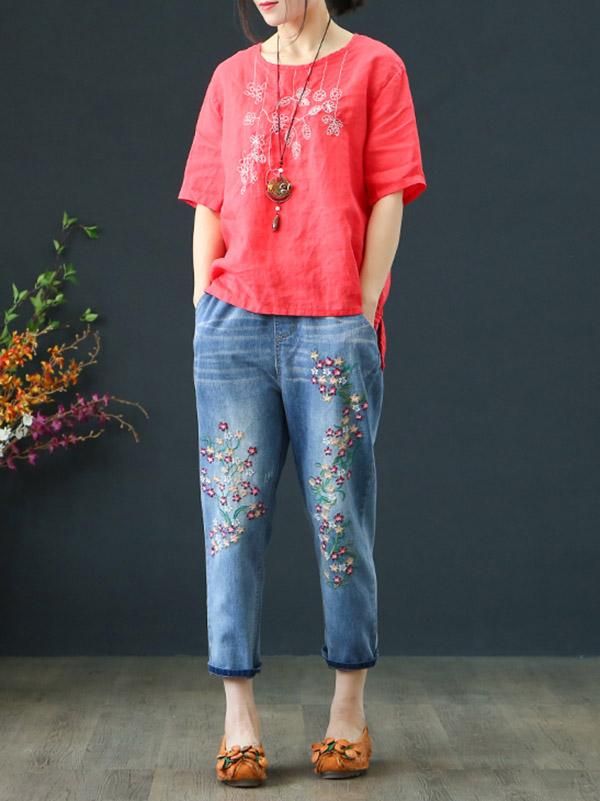 Sku CY-!25700 Material <50%Cotton Style Loose , Wide Leg Feature Embroidered Occasion Going out , Casual , Vintage Seasons Spring , Summer , Autumn Type Jean Pants Bottoms Color BLUE Size M,L,XL,2XL,3XL,4XL Size chart: Please consult the size chart we provide for this item's measurements to help you decide which size to buy. Please note: There may be 1-3cm differ due to manual measurement. CMINCH Cm Waist Hips Length M 60-88 96 77 L 64-92 100 78 XL 68-96 104 79 2XL 72-100 108 80 3XL 76-104 112 81 4XL 80-108 116 82 Casual Blue Embroidered Jeans, Summer Embroidered Wide Leg Jeans, Casual Wide Leg Jeans With Floral Embroidery, Casual Embroidered Denim Pants, Blue Floral Embroidery Relaxed Fit Jeans, Summer Embroidered Cotton Jeans, Casual Embroidered Relaxed Fit Jeans, Blue Jeans With Floral Embroidery, Relaxed Fit, Blue Relaxed Fit Jeans With Floral Embroidery