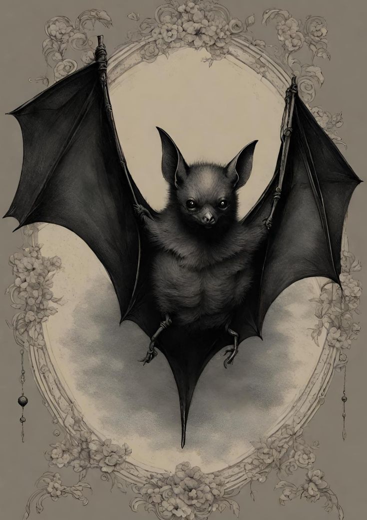 a black and white drawing of a bat with wings spread out in front of a circular frame