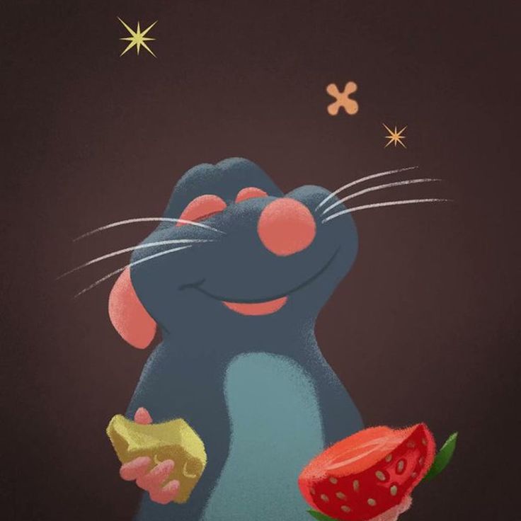 a cartoon rat holding a piece of fruit in its paws and looking up at the sky