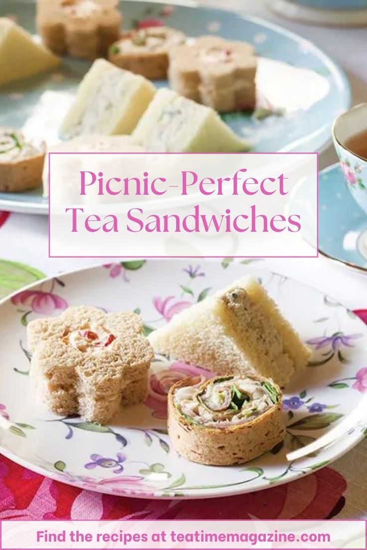 a plate with some sandwiches on it and the words picnic perfect tea sandwiches