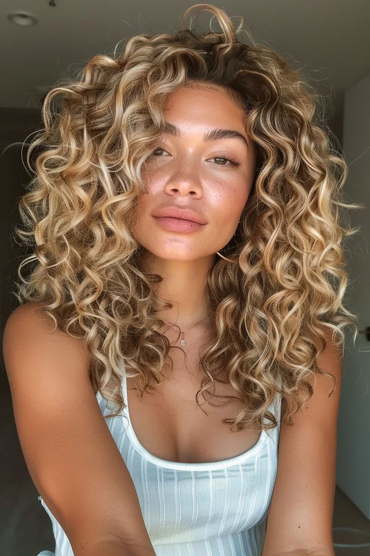 45 Natural Curly Hair Blonde Balayage Hairstyles For The Most Beautiful Curls Curly Hair With Balayage Highlights, Natural Curly Hair Blonde Highlights, Curly Blond Highlight, Curls With Blonde Highlights, Blond Highlights Curly Hair, Hair Colour Curly Hair, Blonde Curly Highlights, Natural Curly Hair Blonde, Curly Hair Blonde Balayage