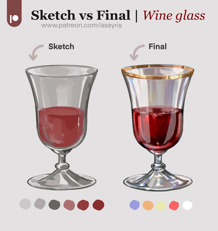 two wine glasses with different colored liquids in them and the words sketch vs final written below