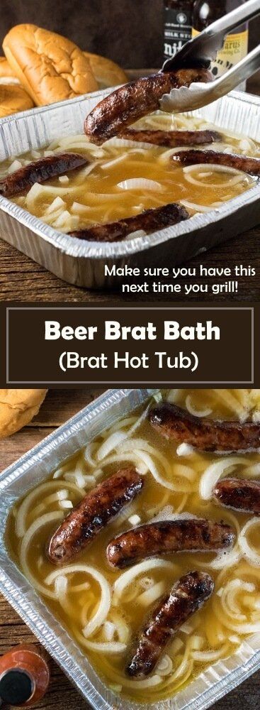 beer brat bath in a metal pan with noodles and sausages