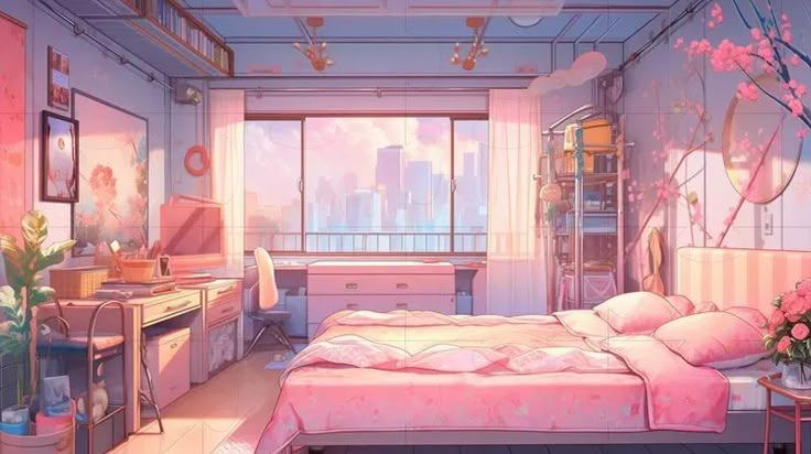 a bedroom with a bed, desk and window in the room that is painted pink