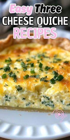 easy three cheese quiche recipe on a white plate