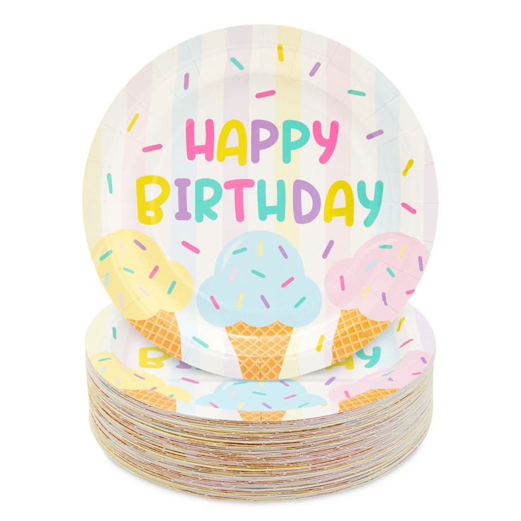 happy birthday paper plates with ice cream and sprinkles on the plate, set of 8